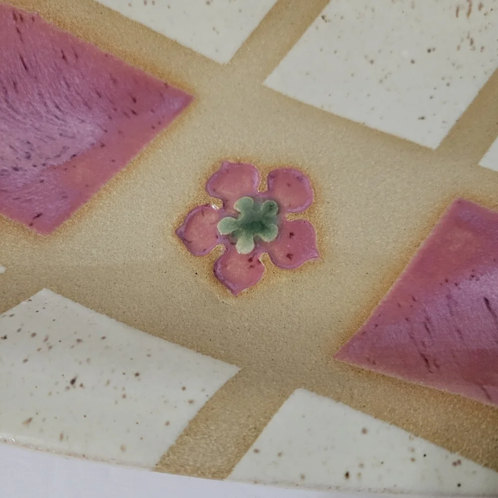 Hand Crafted Art Pottery Trinket Tray Pink Cream Flower Detail